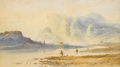 Edwin Earp (1851-1945), Mountainous riverscape with angler, signed, watercolour heightened with white, 23 x 38cm